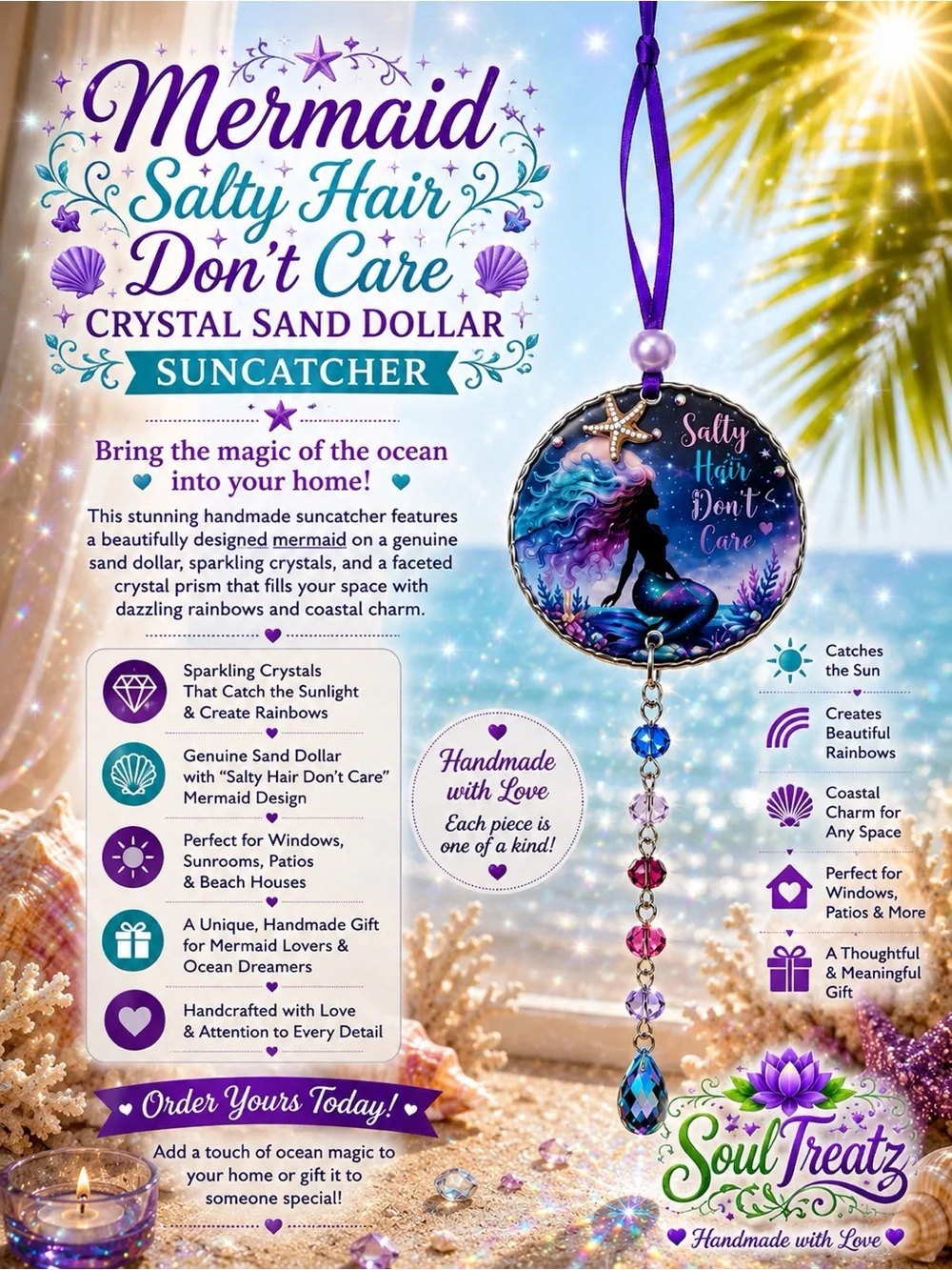 Decoupage Mermaid 'Salty Hair Don't Care' Purple & Blue Crystal Suncatcher